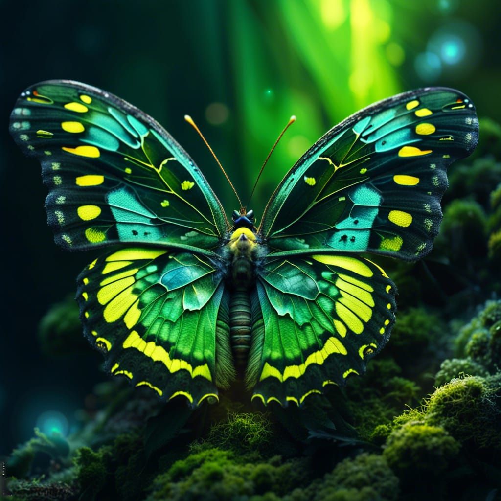 Green Butterfly Portrait with Neon Lighting Effects
