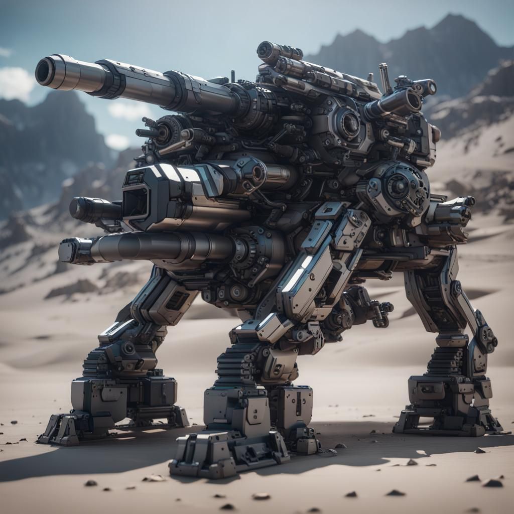 Futuristic Mechanical Soldier with Oversized Weapon