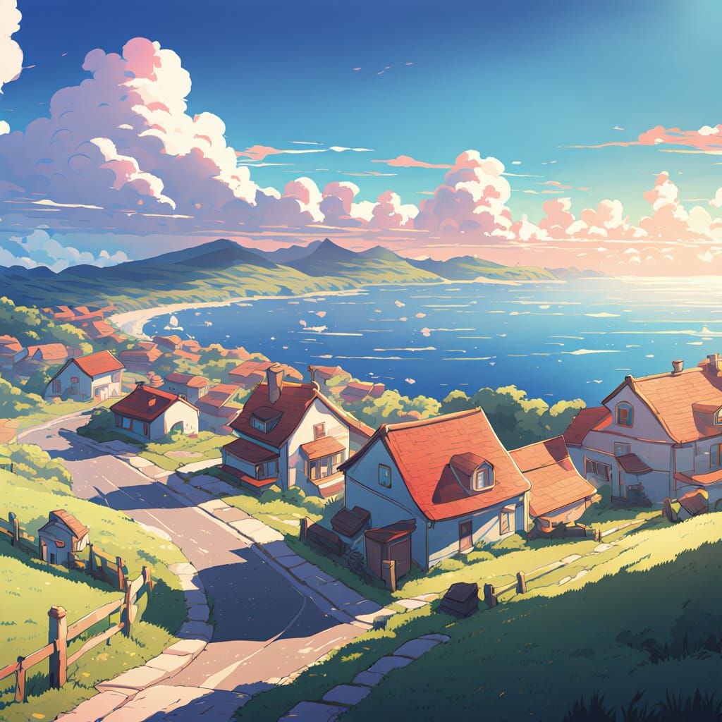Seaside Village Landscape in Vibrant Anime Style