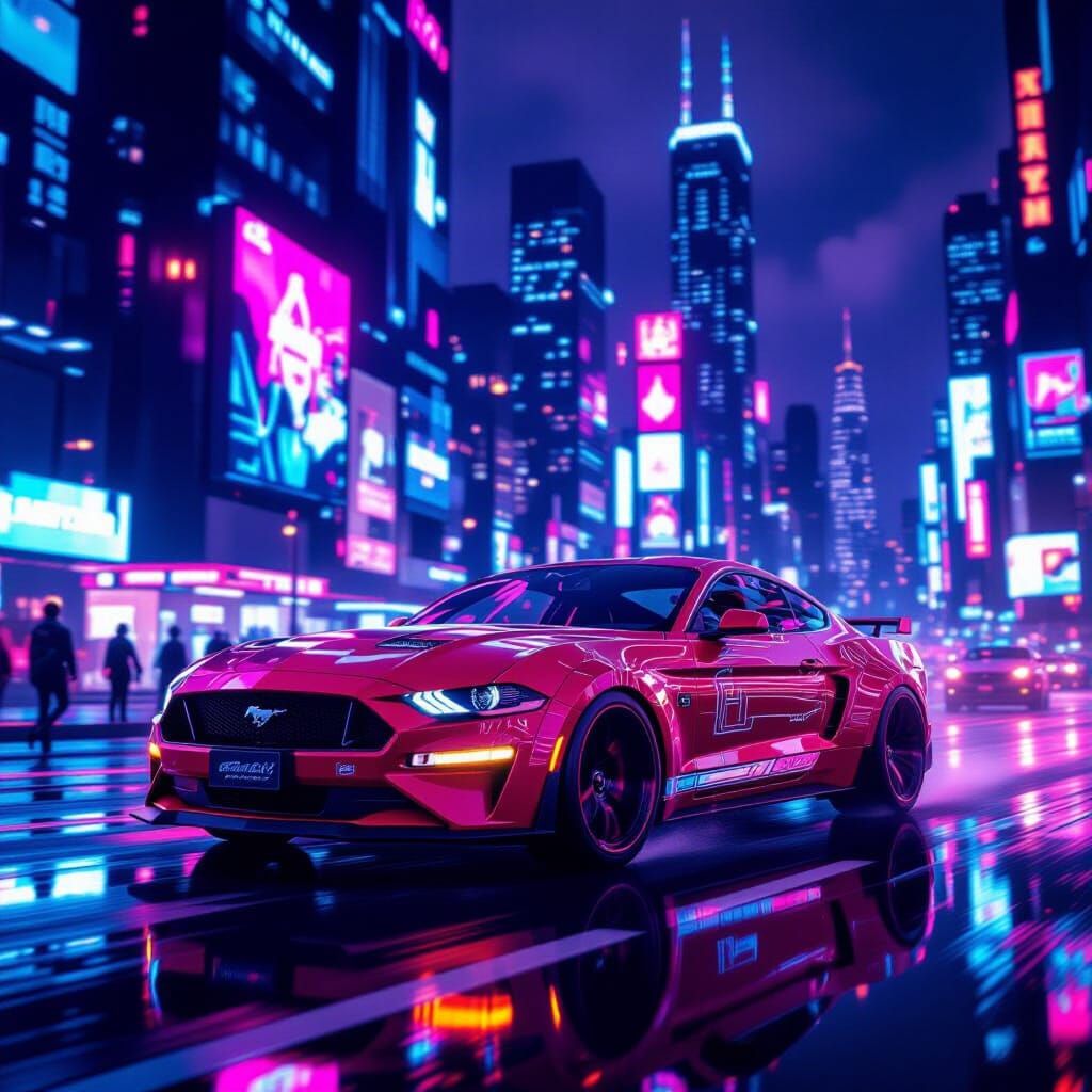 Cyberpunk Red Mustang Speeds Through Neon Cityscape