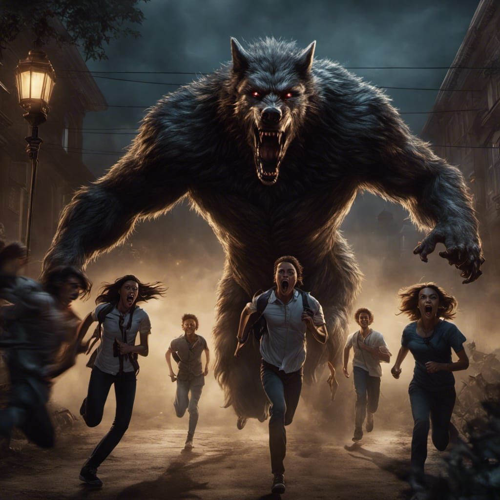 Terrified Students Fleeing Werewolf, Dark Fantasy Art