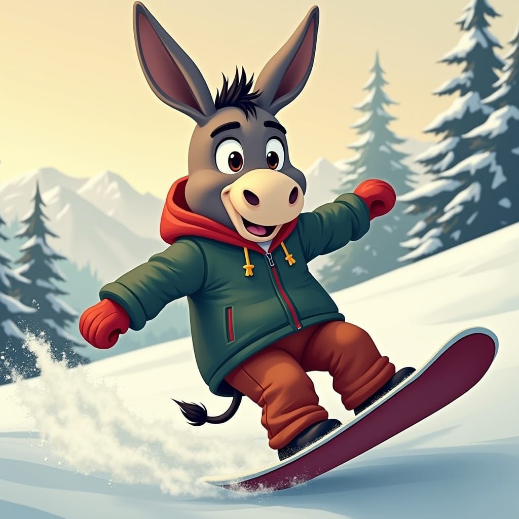 Animated Donkey Snowboarding Downhill in the Mountains