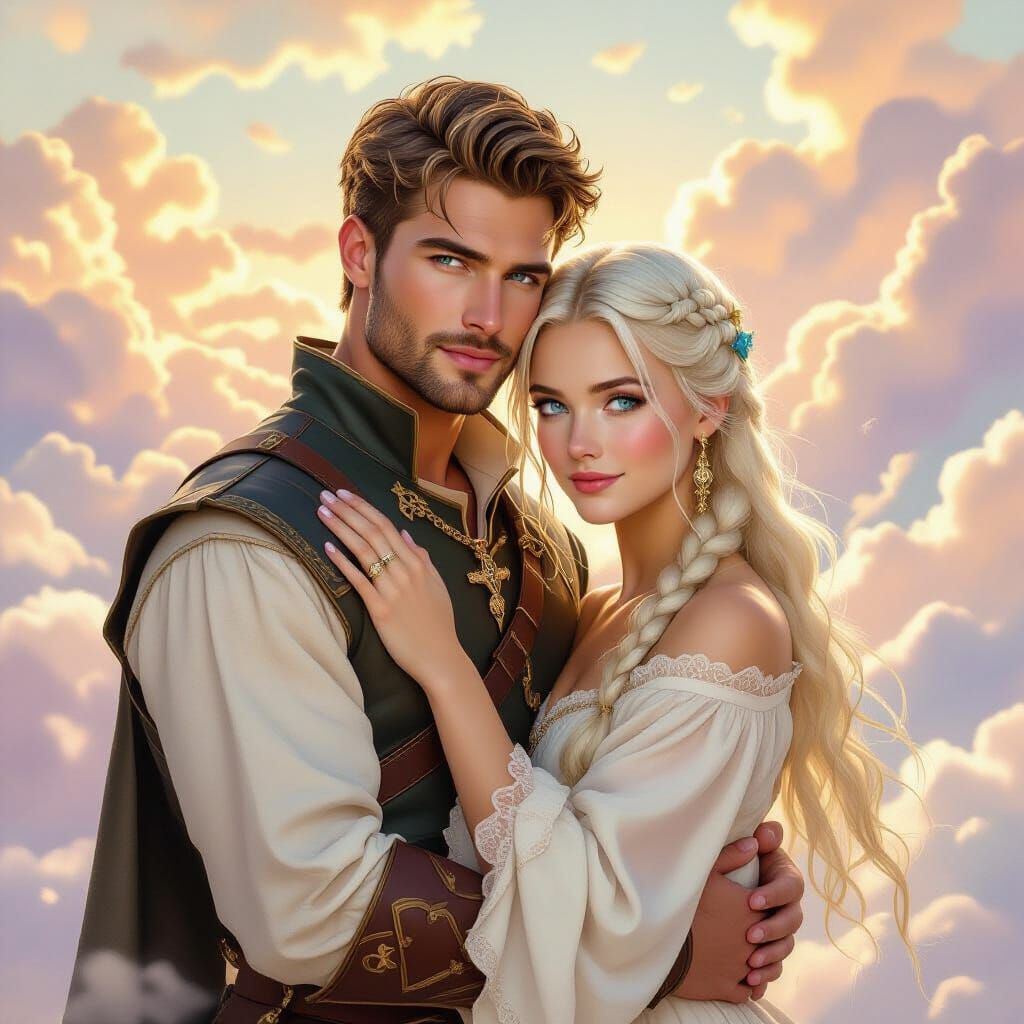 Medieval Couple Embrace in Surreal Cloudscape