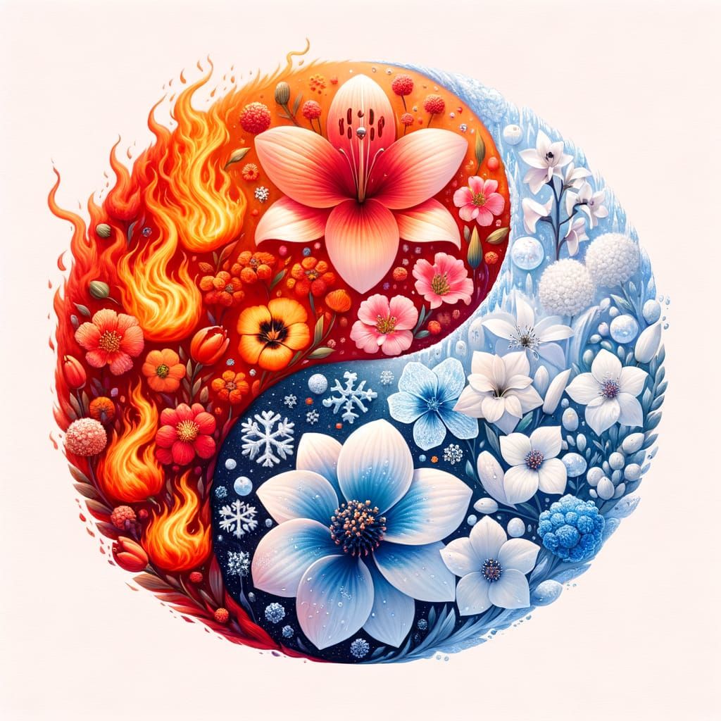 Yin Yang Symbol with Fire and Ice Flowers