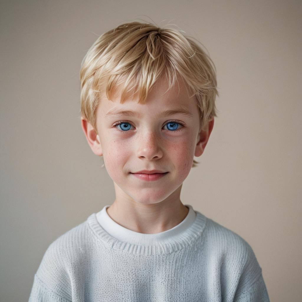 Boy with Blonde Hair in White Sweater Portrait