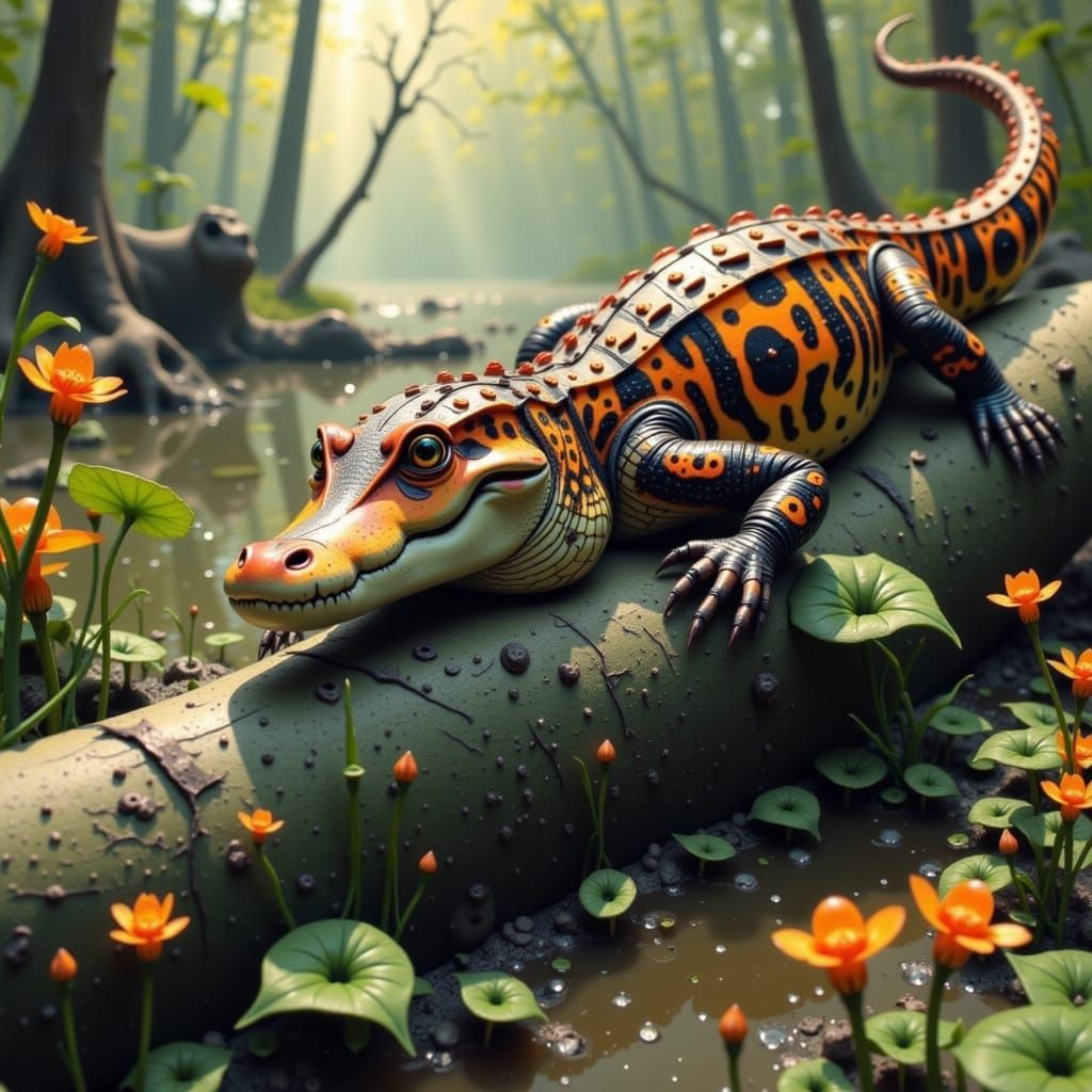 Tiger-Striped Alligator Basking in Sunlight