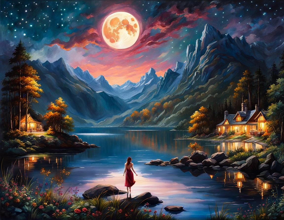 Lake Landscape at Night in Watercolor Gouache Style