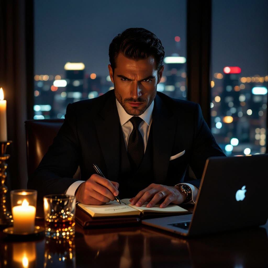 Intense Man in Luxury Apartment with City View