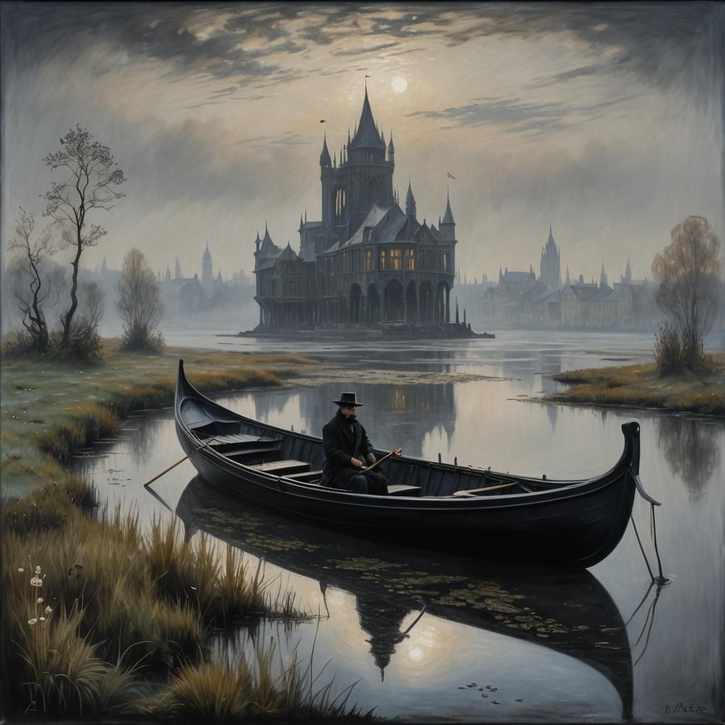 Sleek Black Gondola on Moor Pond in Papercraft Style