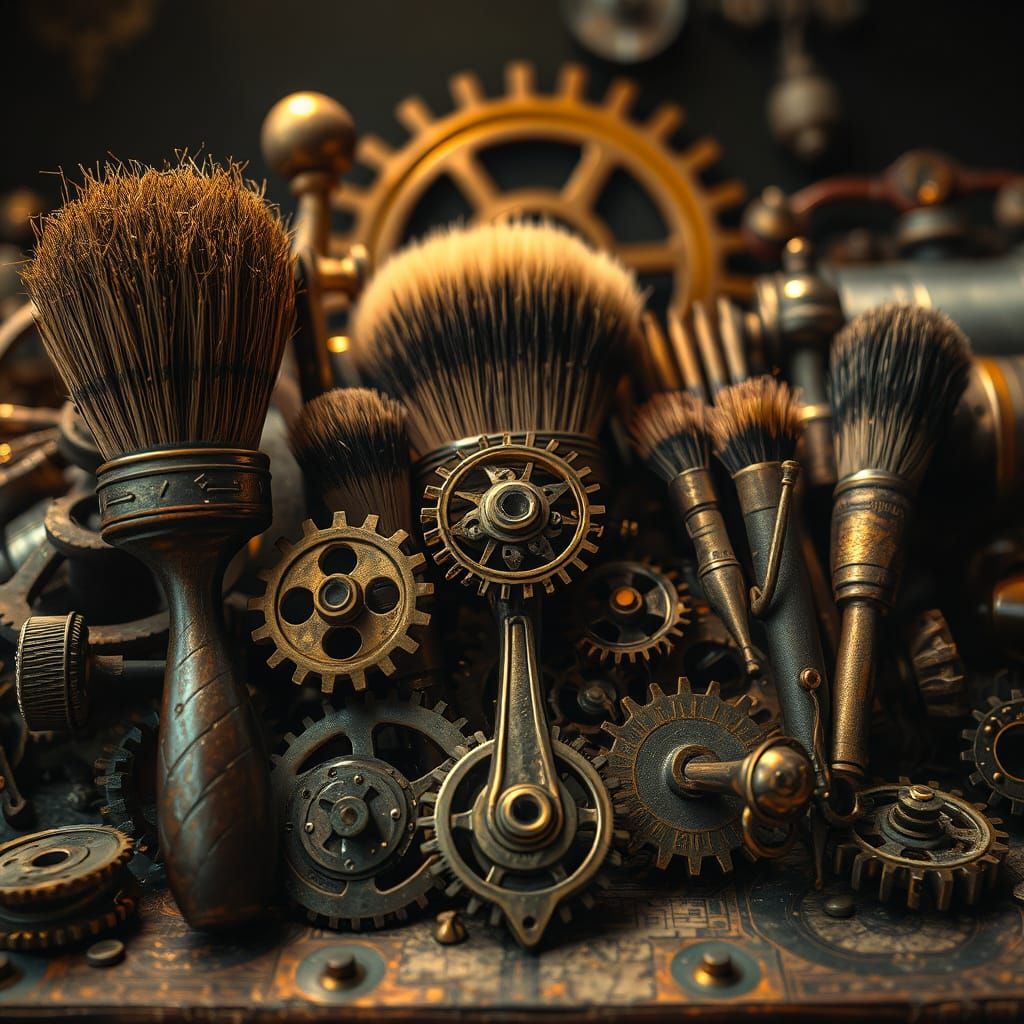 Steampunk Artistry: Vintage Brushes and Intricate Gears