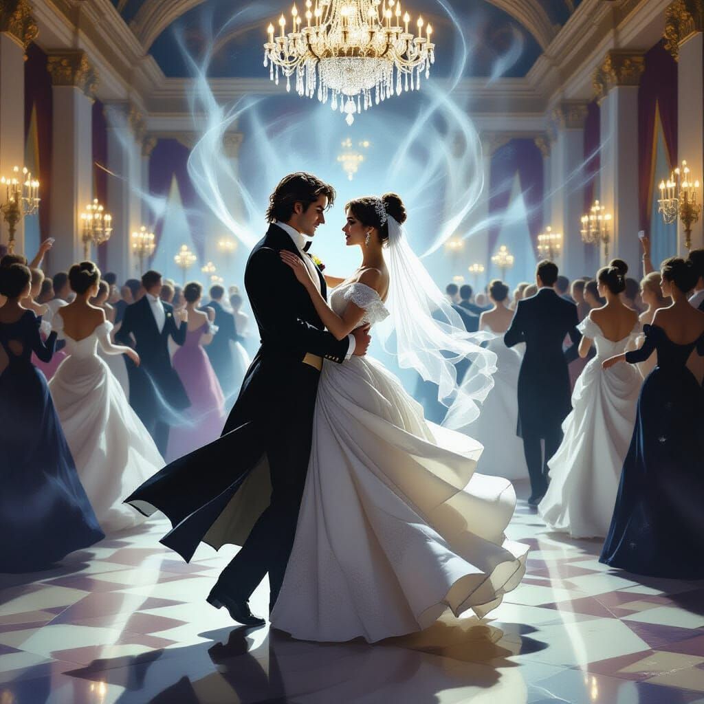 Ghostly Couple Waltzing in Opulent Ballroom
