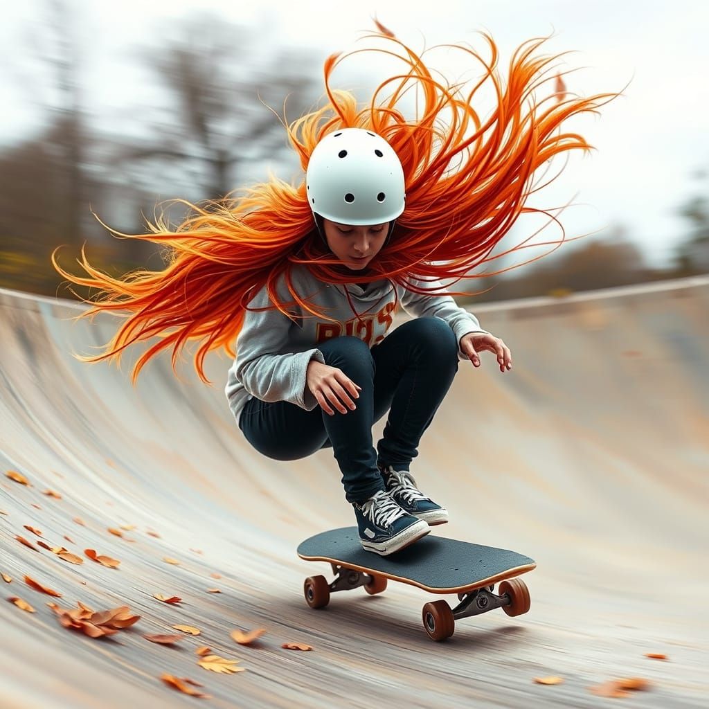Girl Skater in Motion, Inspired by Cyberpunk and Urban Reali...