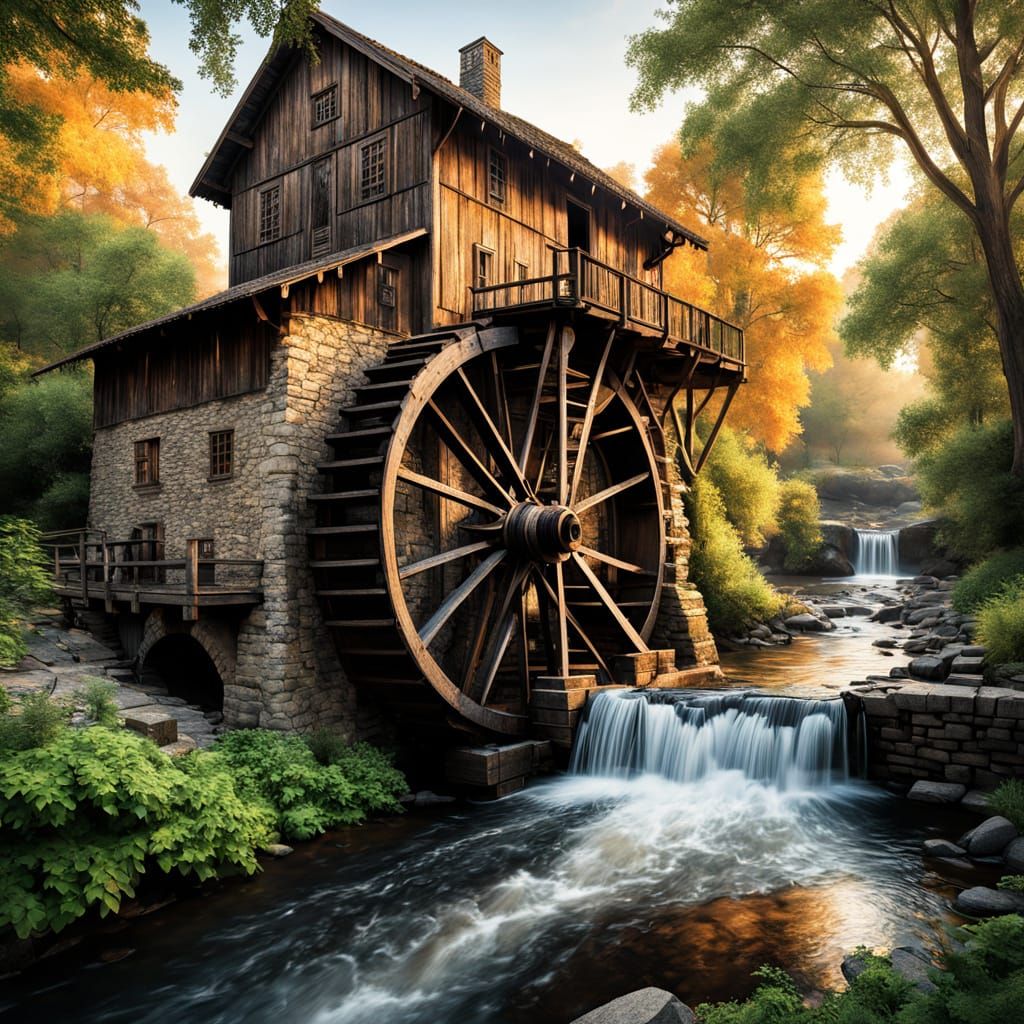 Serene Water Mill Scene in Earthy Tones