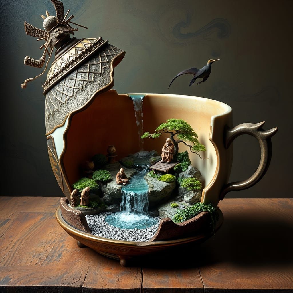 Samurai Teacup Reveals Miniature Zen Garden