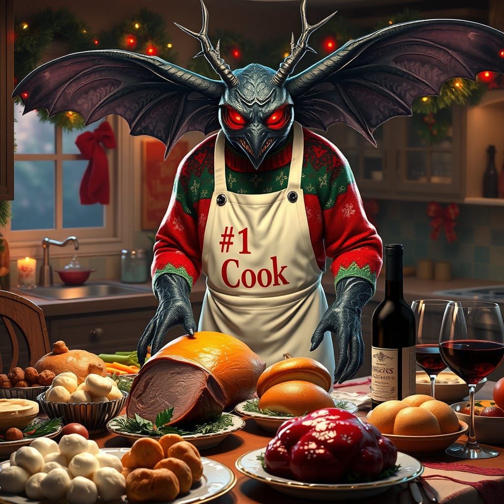 Christmas Feast in a Fantastical Kitchen with Mothman