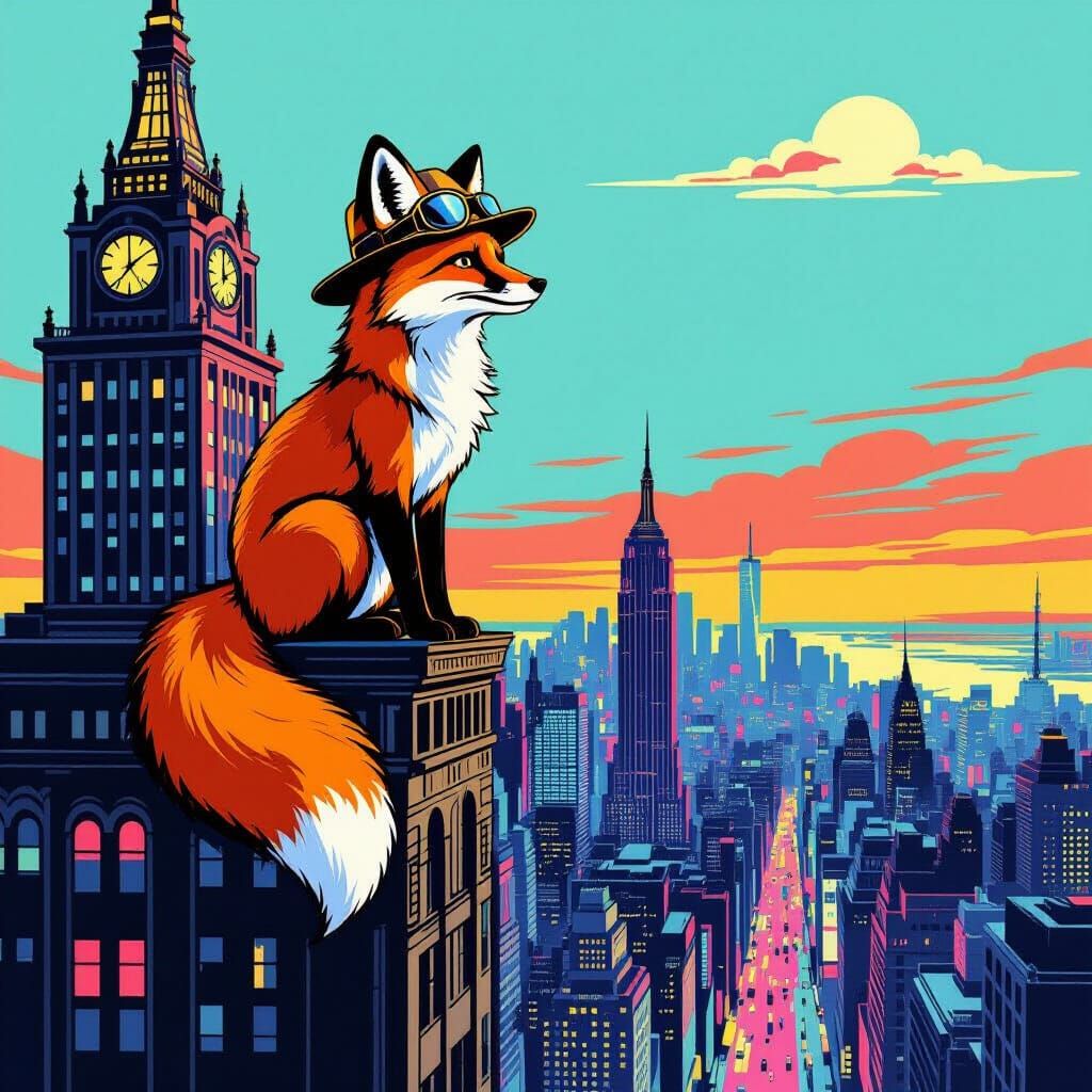 Anthropomorphic Fox in Aviator Hat on Art Deco Skyscraper