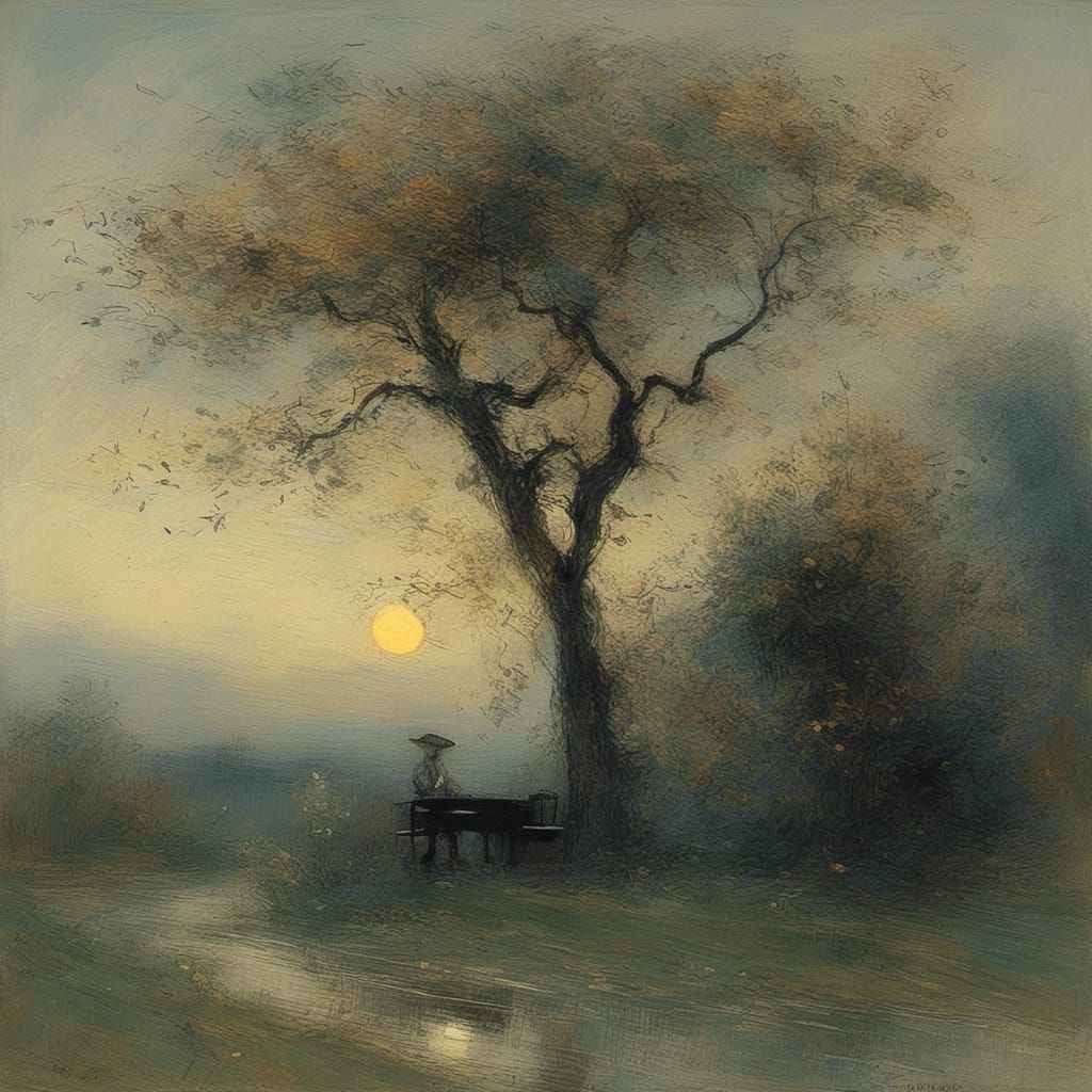 Peaceful Night Scene with Poet and Gardener