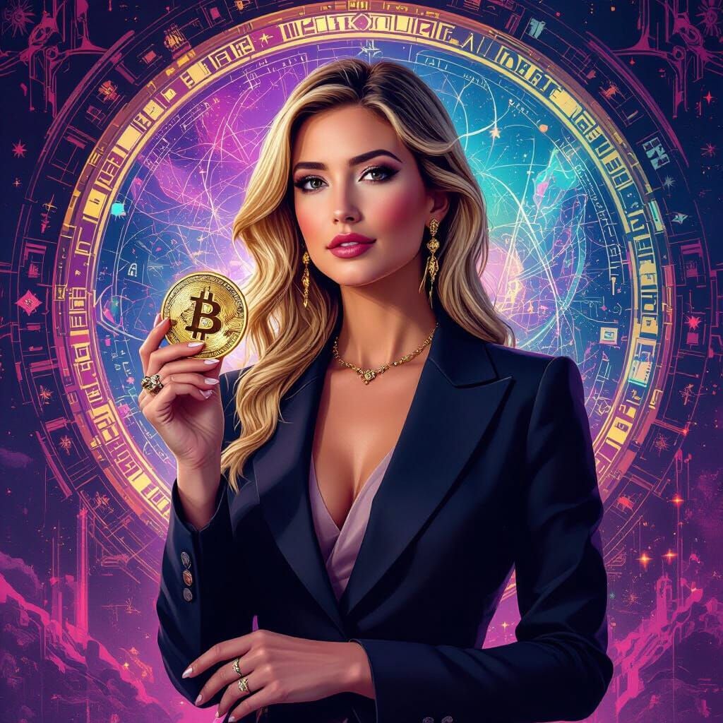 Elegant Woman Holding Bitcoin in Fantasy Art Style