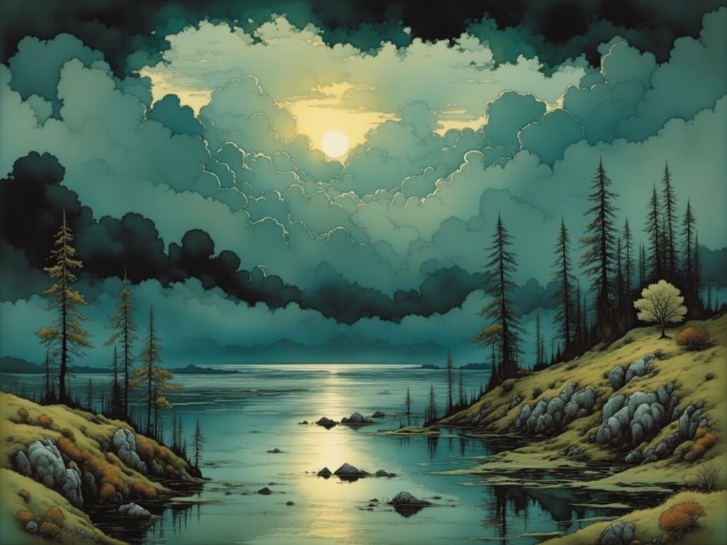 Serene Landscape at Dusk with Foreboding Sky