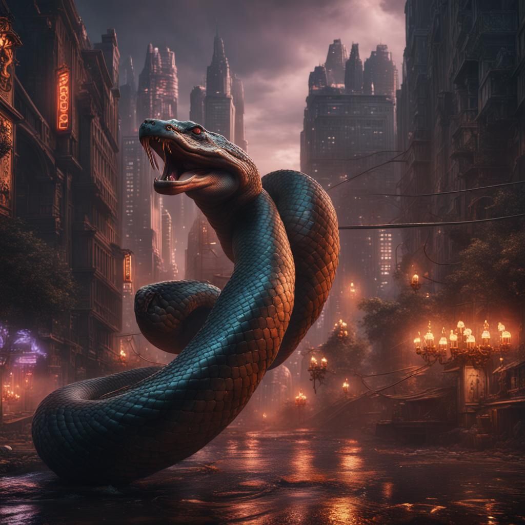 Furious Anaconda Slithers Through Cityscape