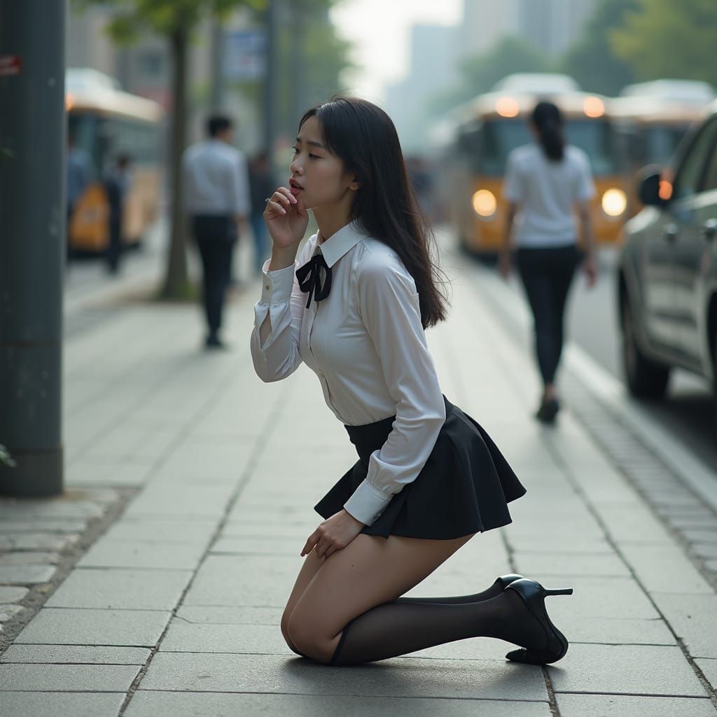 Young Woman in Sapporo Street Scene as Drama Capture