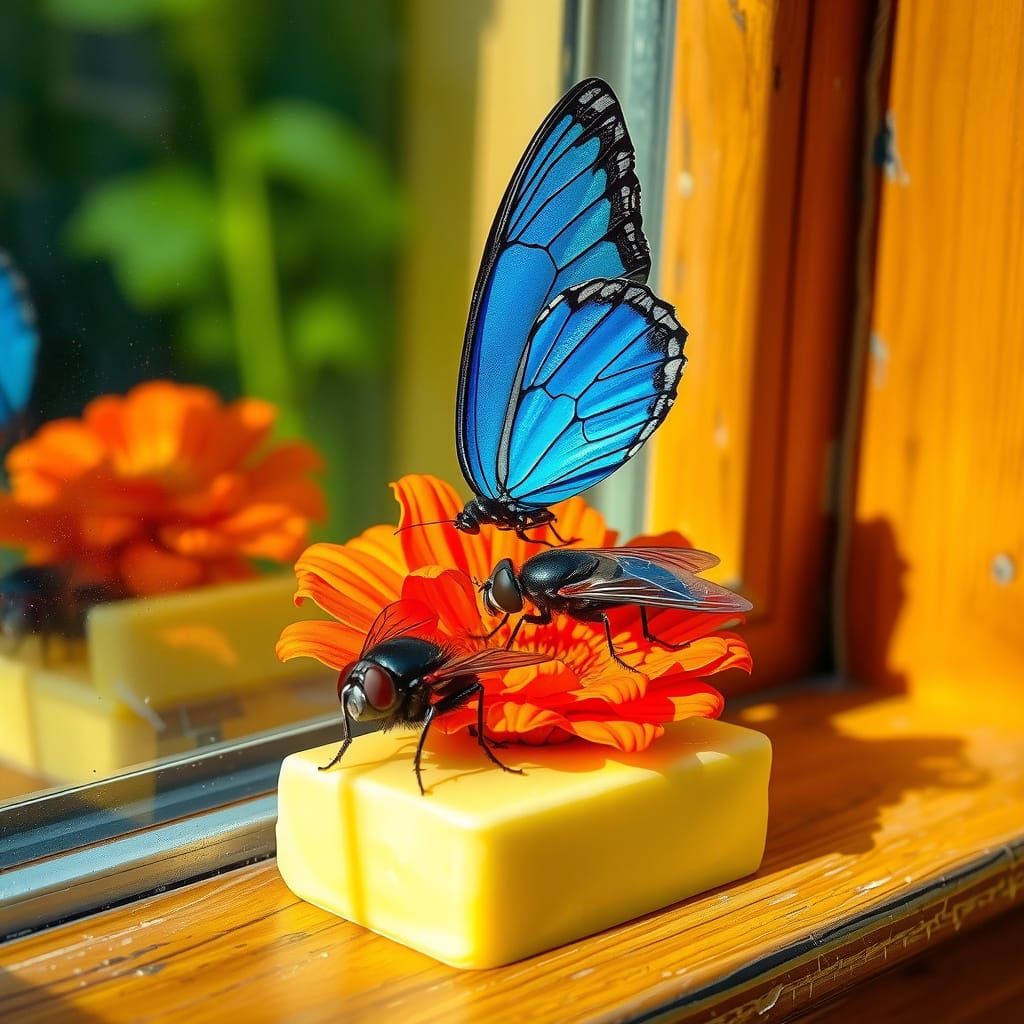 Iridescent Butterfly in Vibrant Still Life
