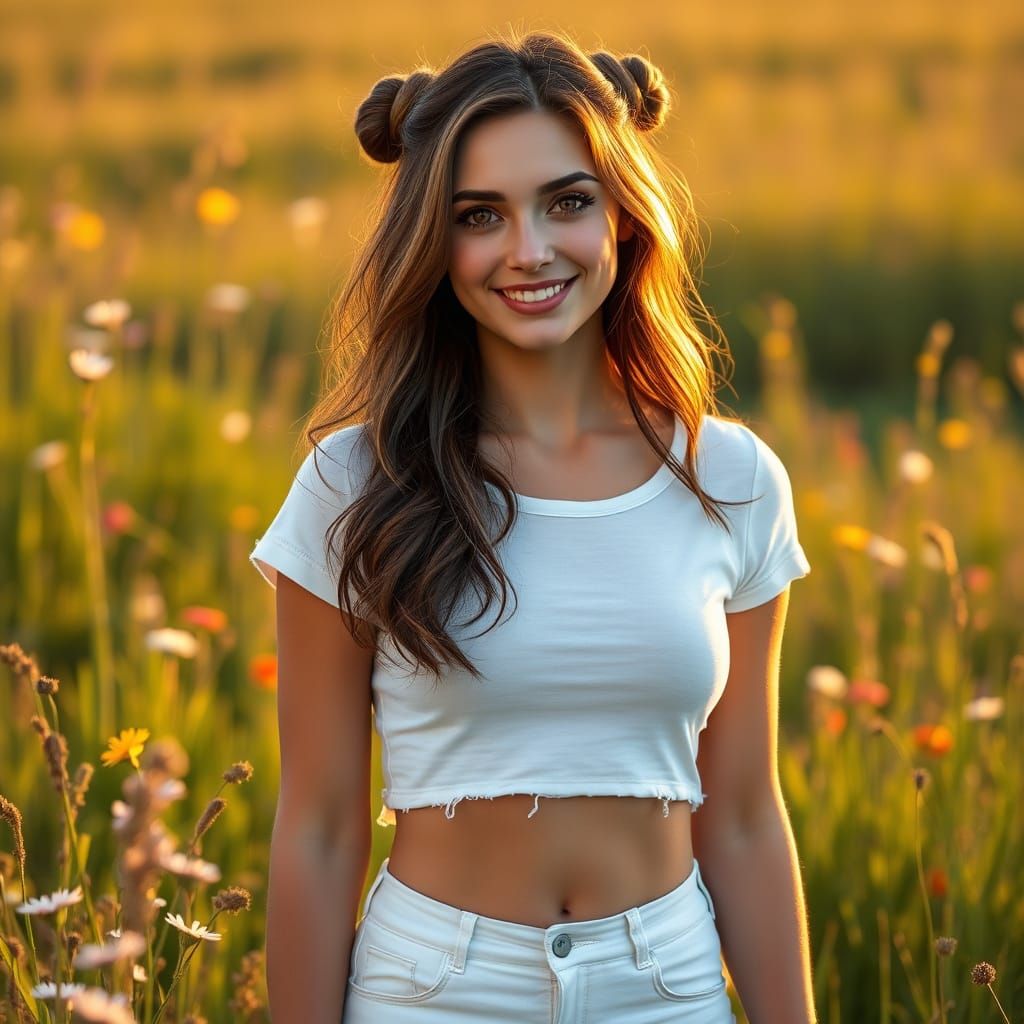 Ethereal European Woman in Vibrant Field of Wildflowers