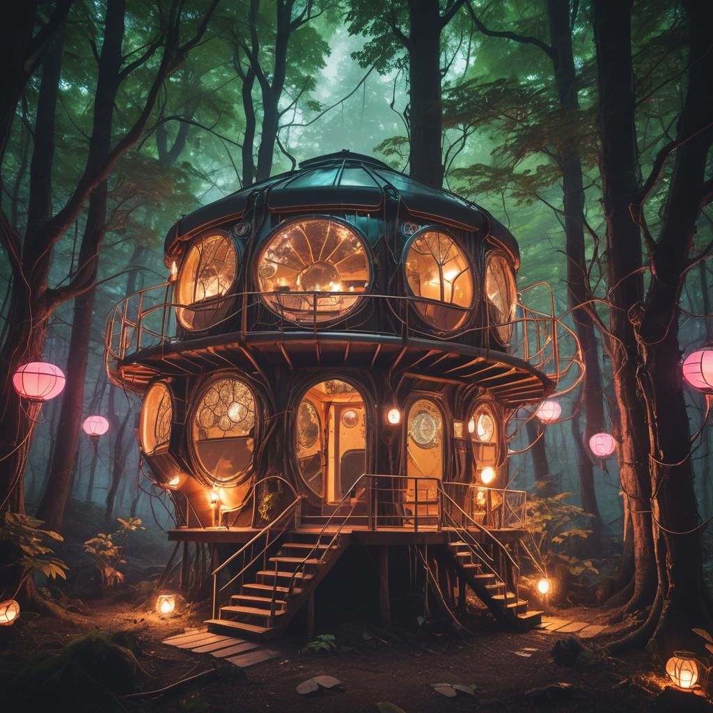 Steampunk Treehouse Yurt in Glowing Neon Retrofuturism