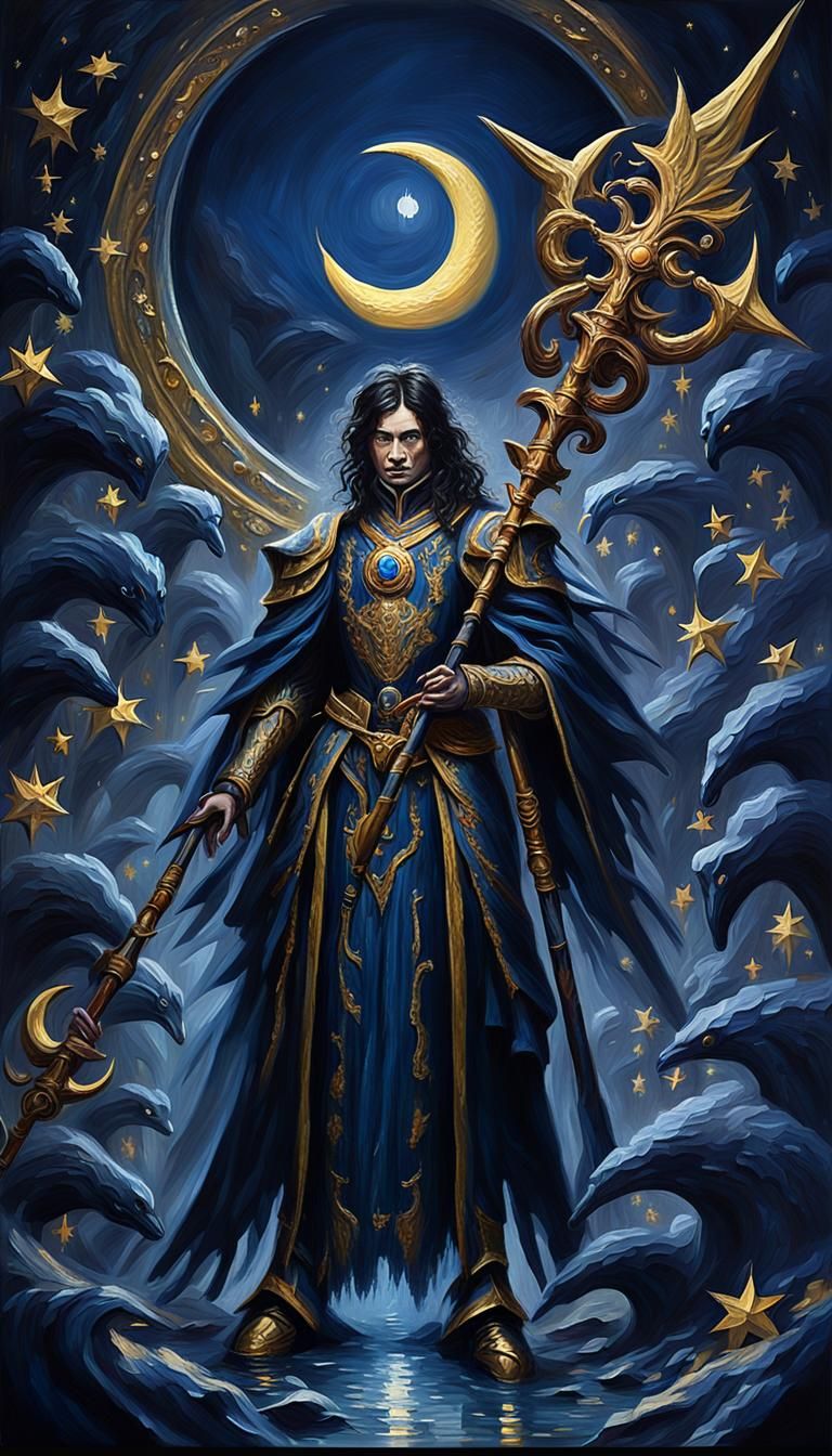 Astarté: Fantasy Sorceress with Moon Staff as Oil Painting