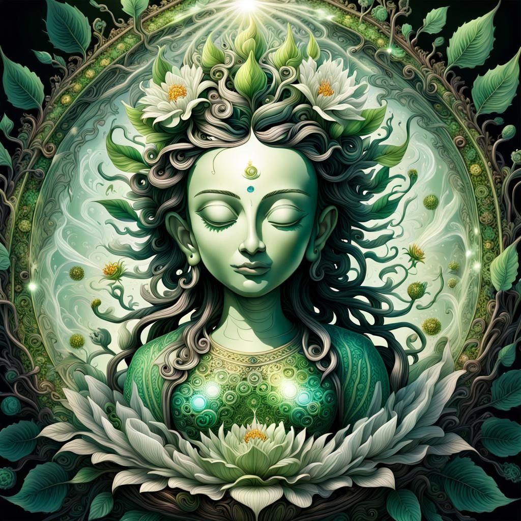 Green Tara in Ornate Glass Nest, Expressionist Style
