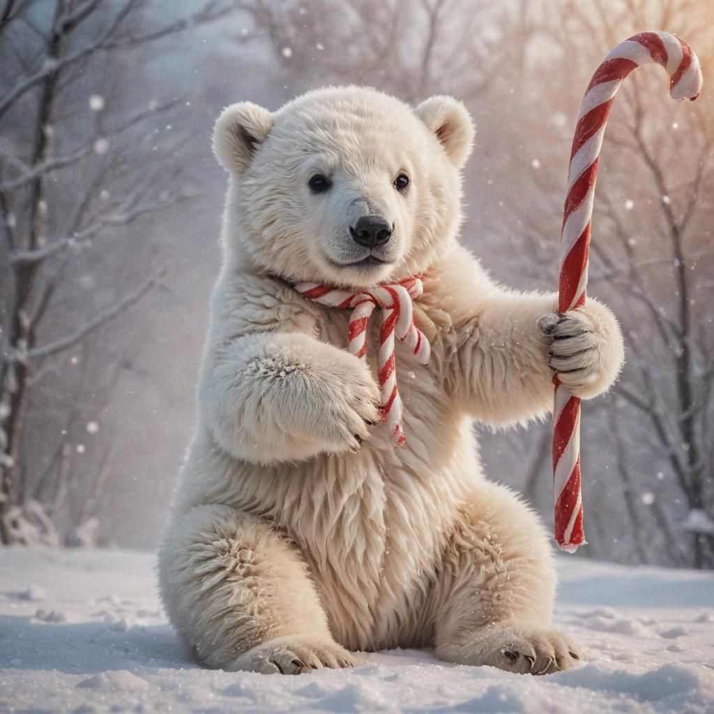 Polar Bear Cub Swings on Candy Cane in Snow