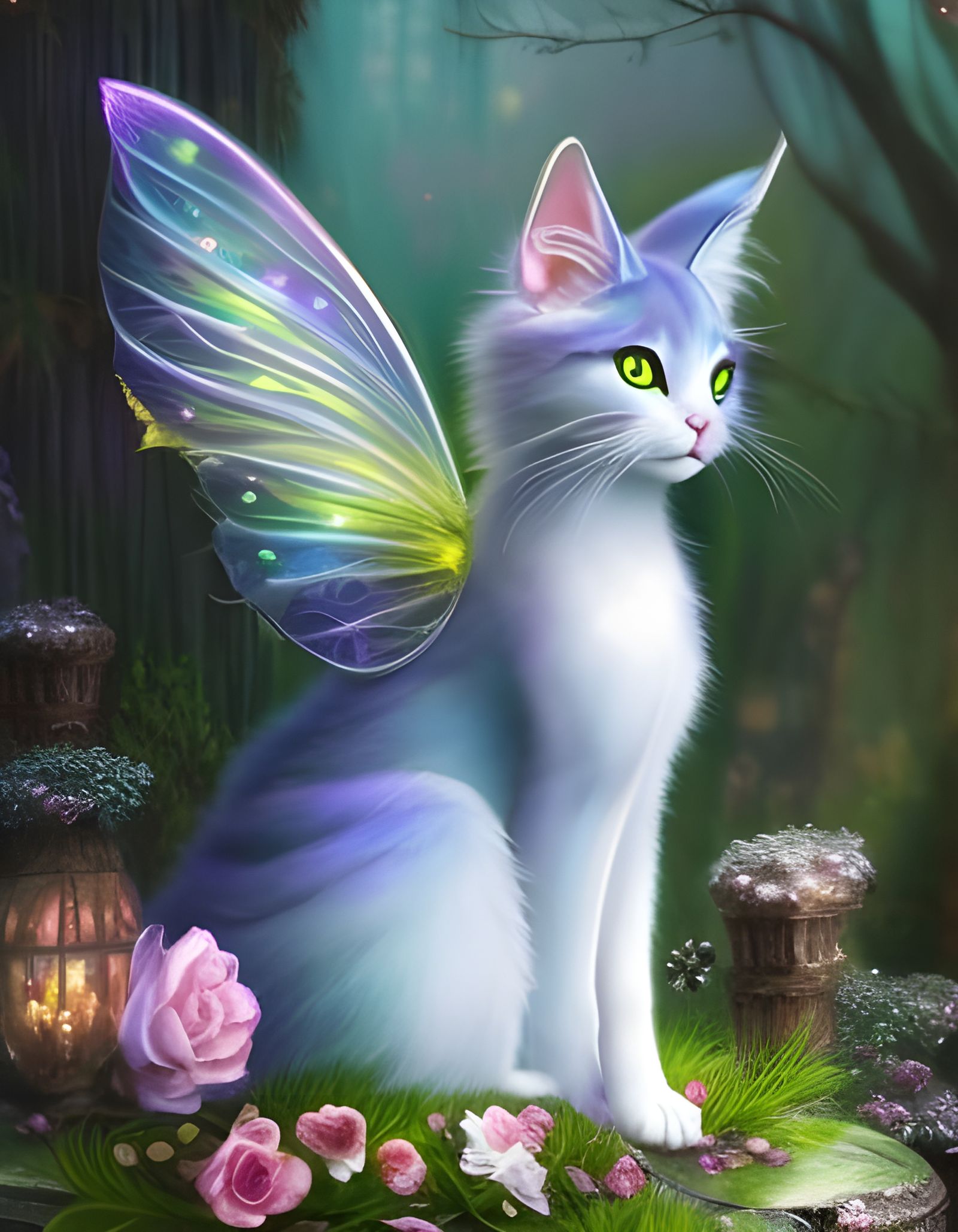 Enchanted Cat Fairy with Pixies in Whimsical Fantasy