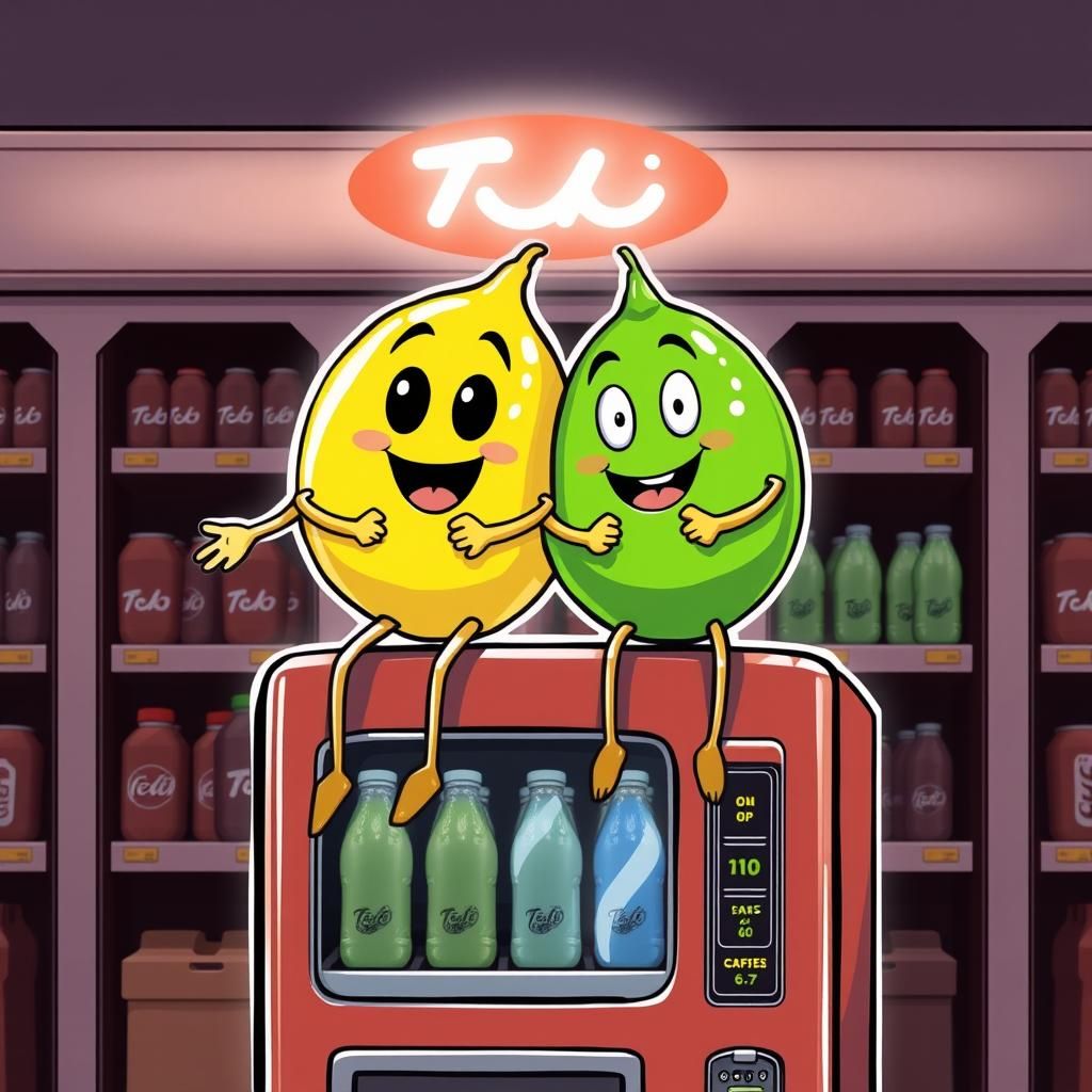 Cartoon Lemon and Lime on Soda Machine