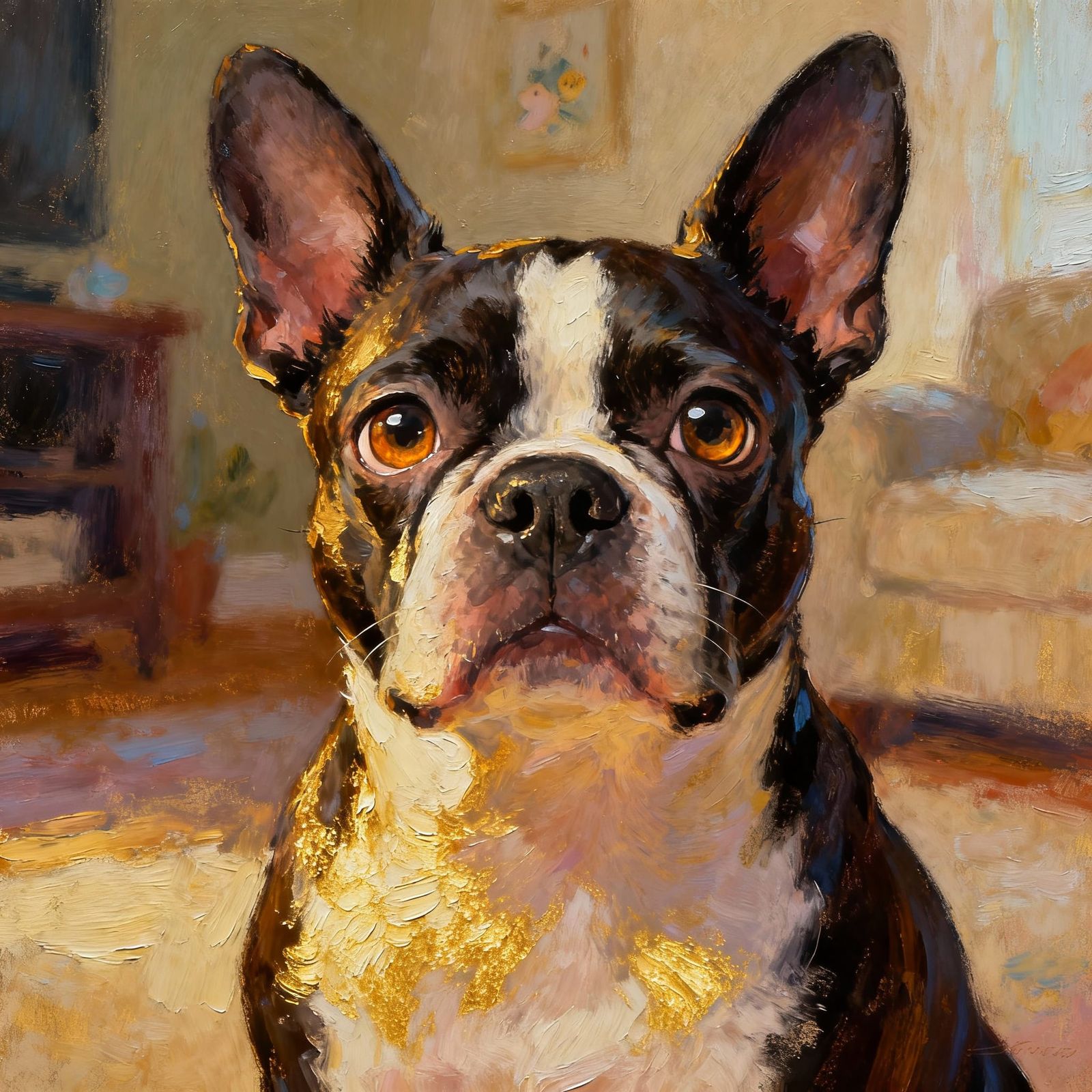 Boston Terrier Portrait in Whimsical Oil Painting Style