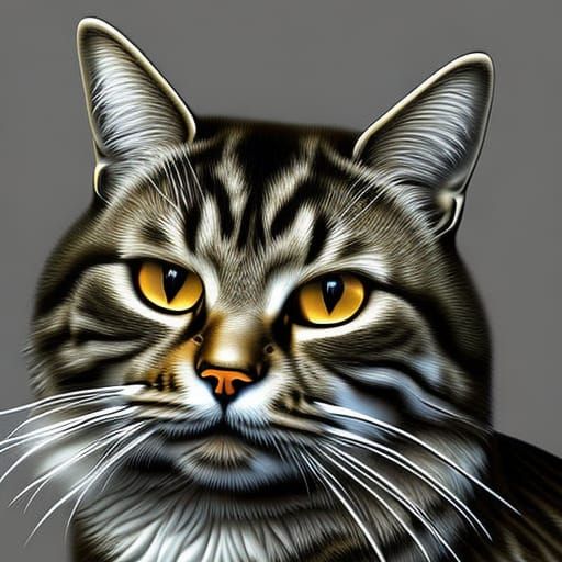 Detailed Digital Airbrush Art of Crouching Tabby Cat