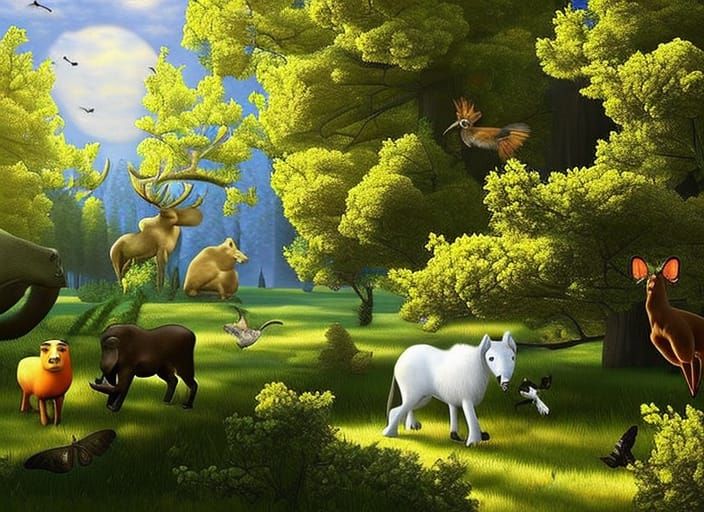 Harmonious Animals in Lush Autumn Forest Landscape
