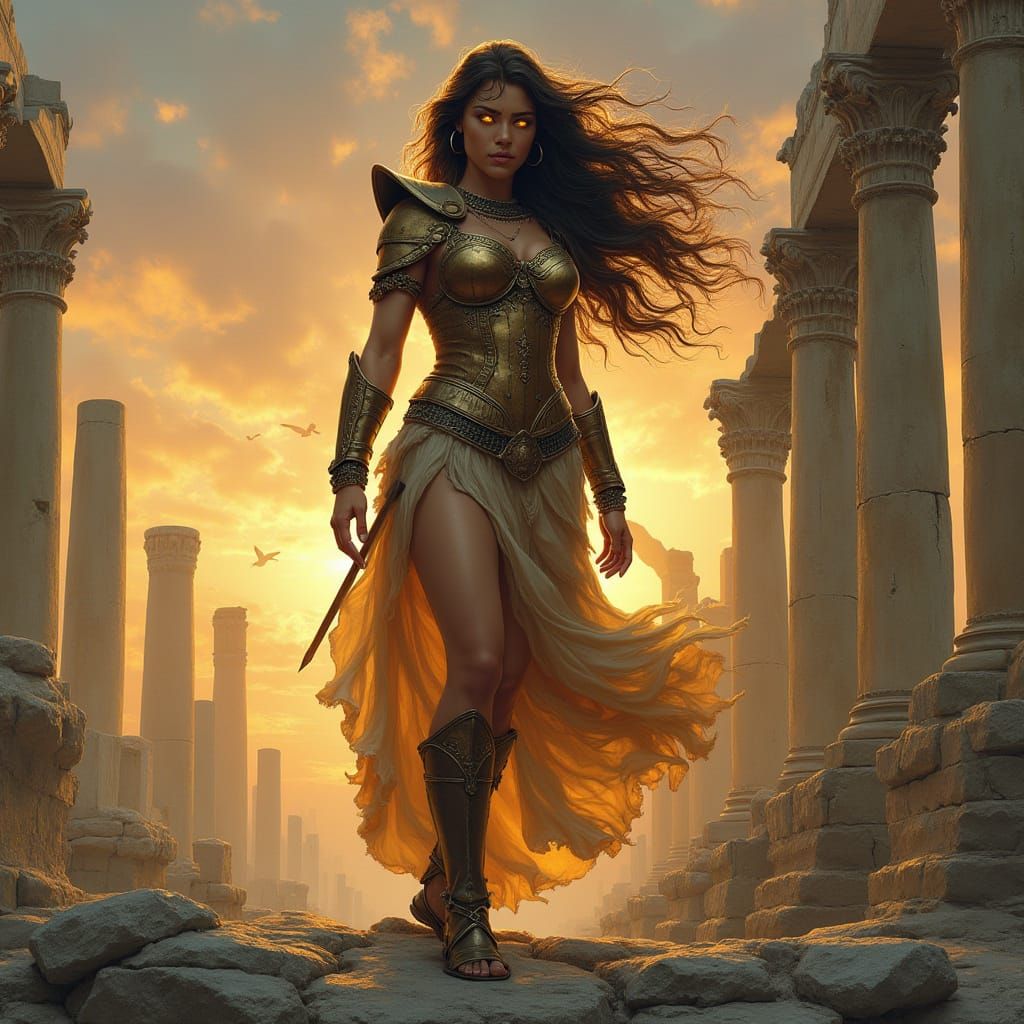 Warrior Queen on Marble Ruins at Dusk