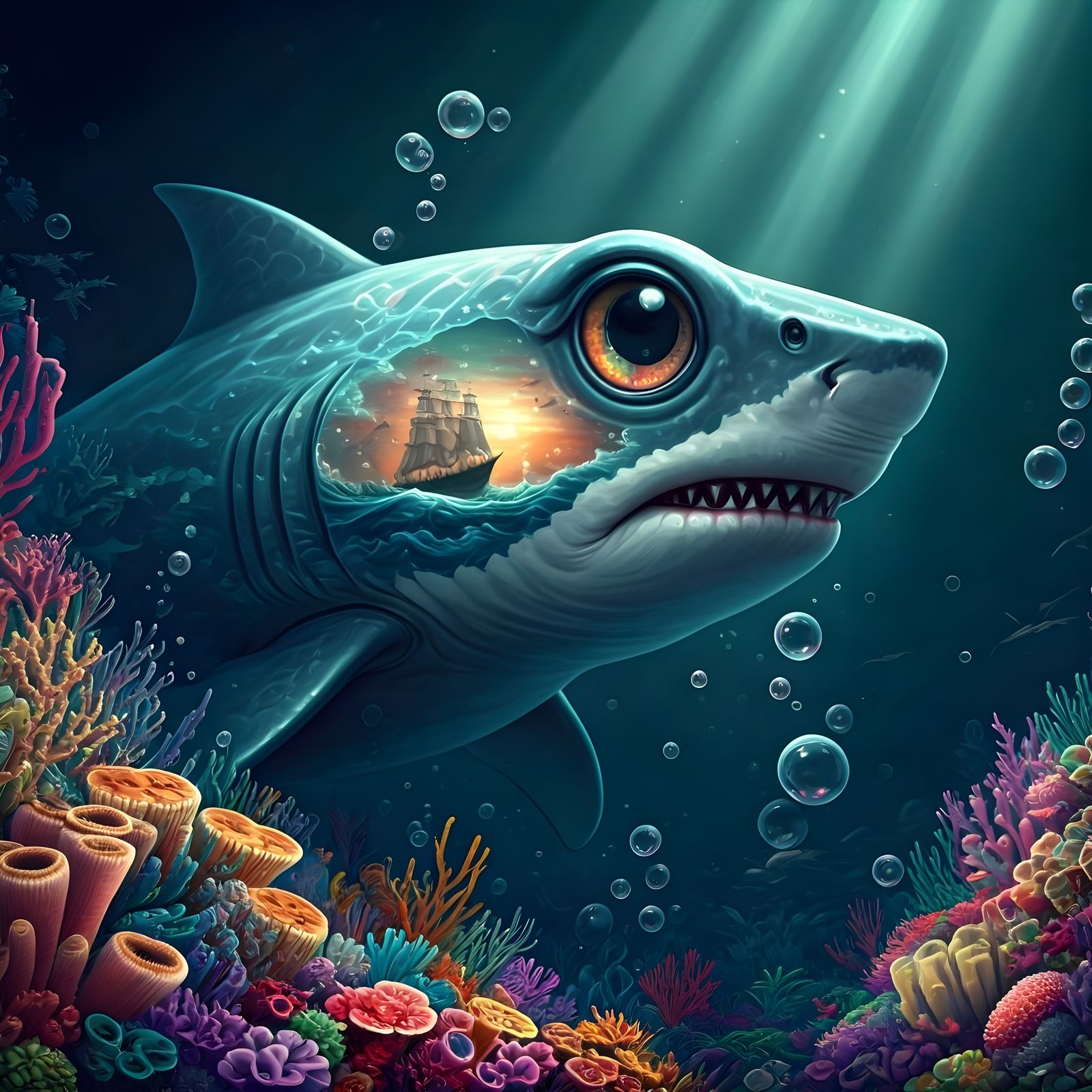 Transparent Shark Head With Ship Scene Inside, Ocean Sunset