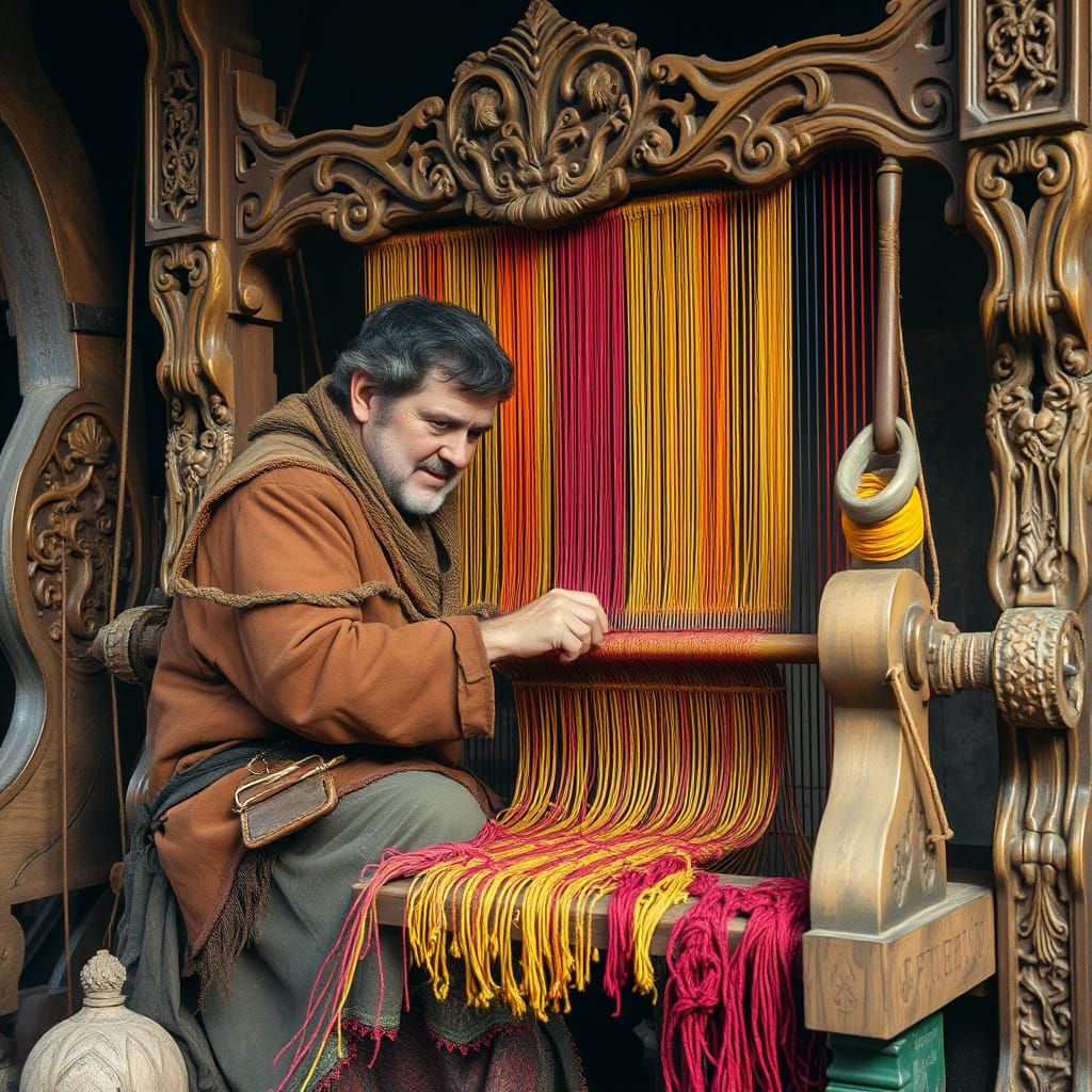 Man Weaving Tapestry on Ornate Loom in Eerie Style
