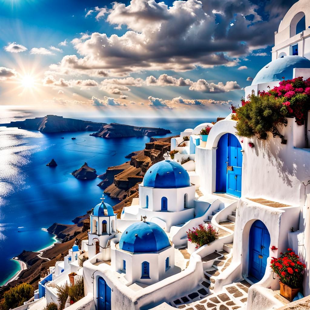 Fira town in Santorini, Greece with the famous blue-domed ro...