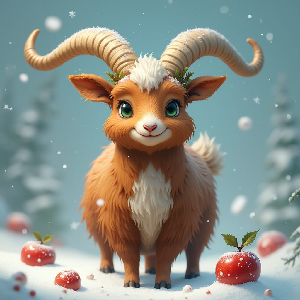 Majestic Brown Goat in Snowy Landscape with Green Eyes