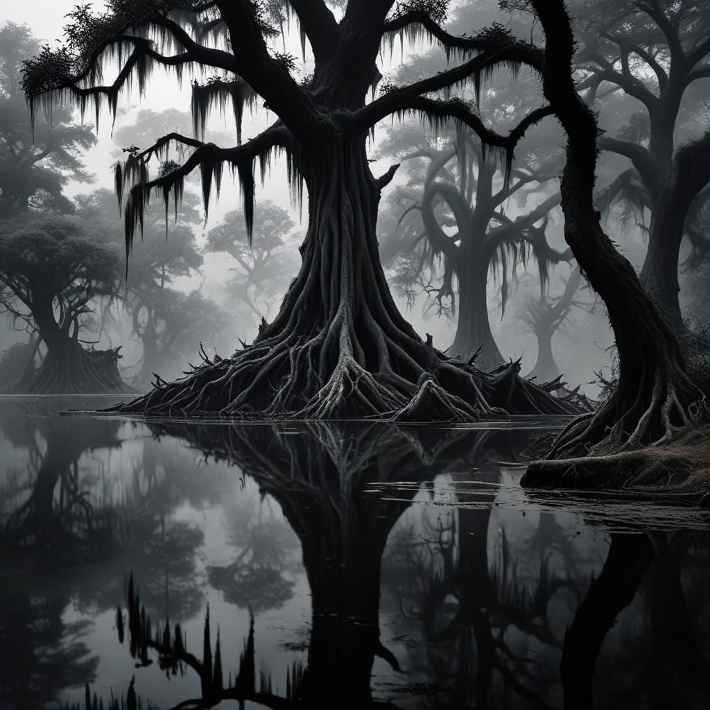 Mysterious Cypress Tree in Caddo Lake's Misty Waters