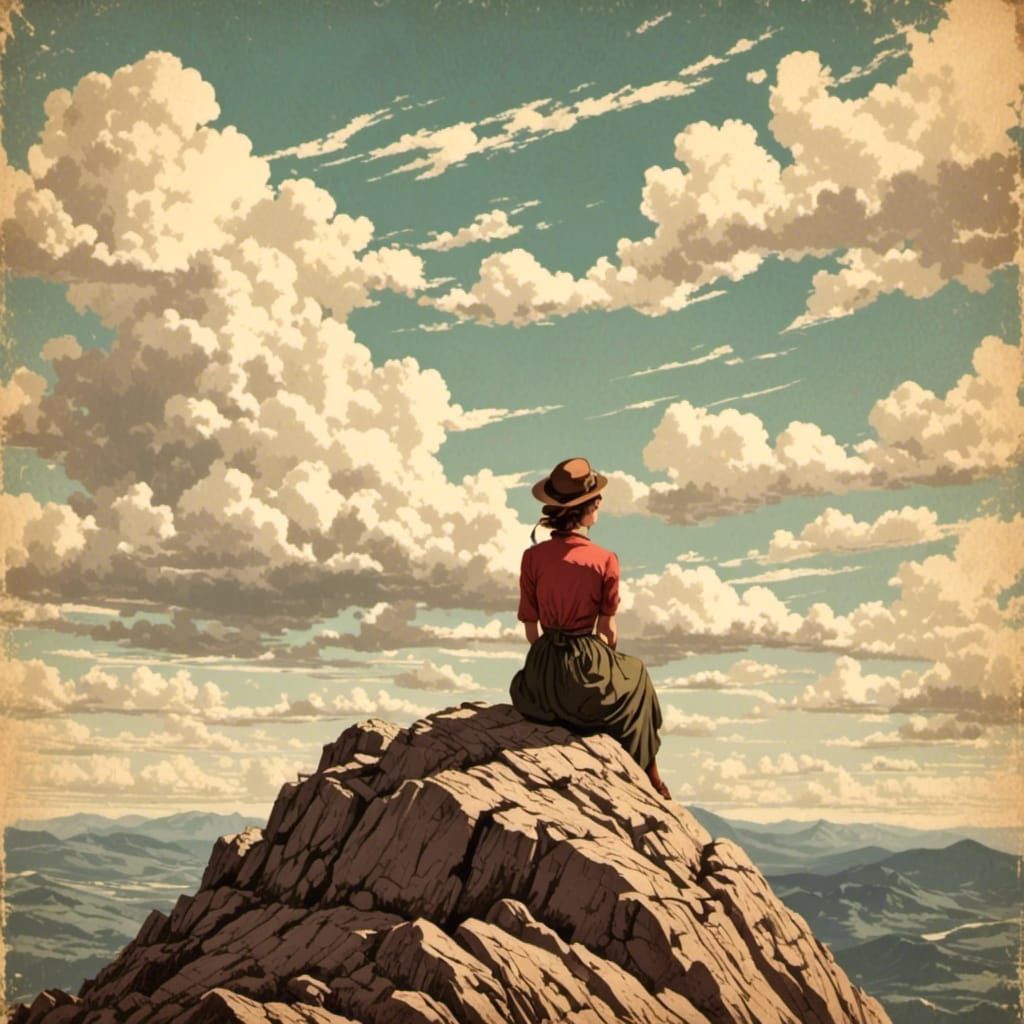 Vintage Illustration: Woman on Mountain Peak