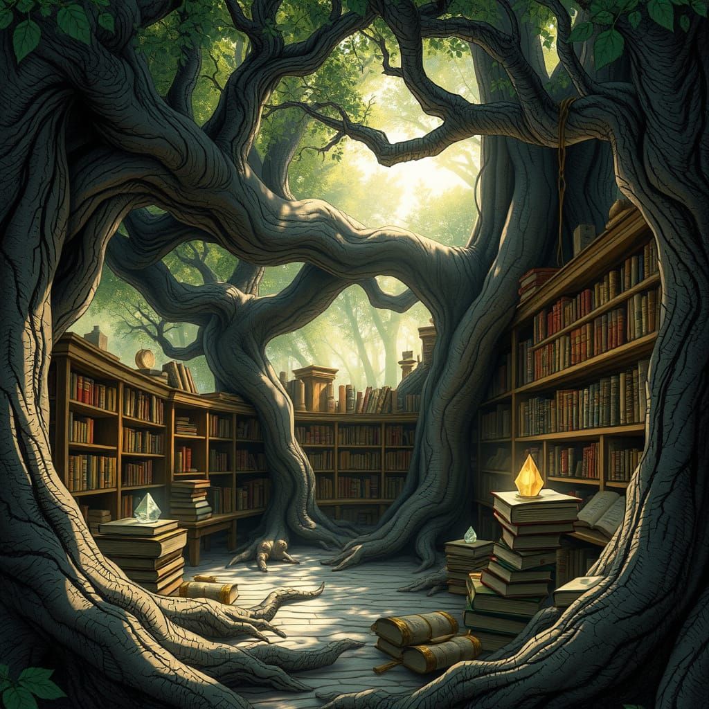 Mystical Tree Root Library with Radiant Crystals