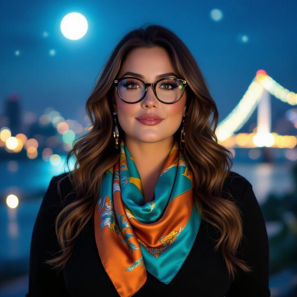 Dreamy Portrait of Woman in Glasses with Moonlit Glow