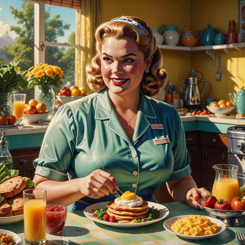 Happy Plus Size Stepford Wife Serves Vegan Breakfast in Retr...