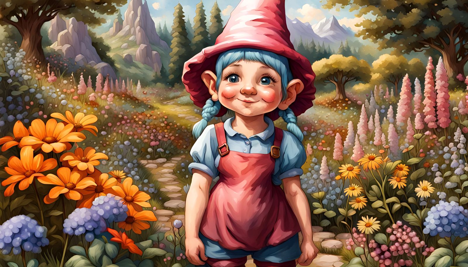 Gnome Girl in Hyperrealistic Flower Garden