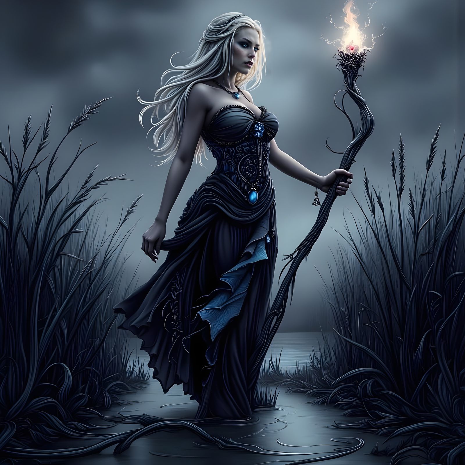 Norse Goddess of Oaths Wades Through Dark Moorland