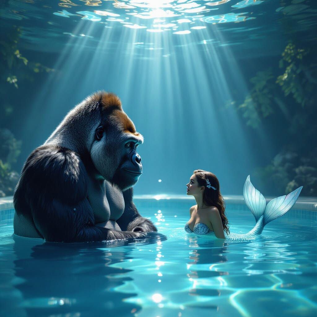 Gorilla Meets Mermaid in Sunlit Pool
