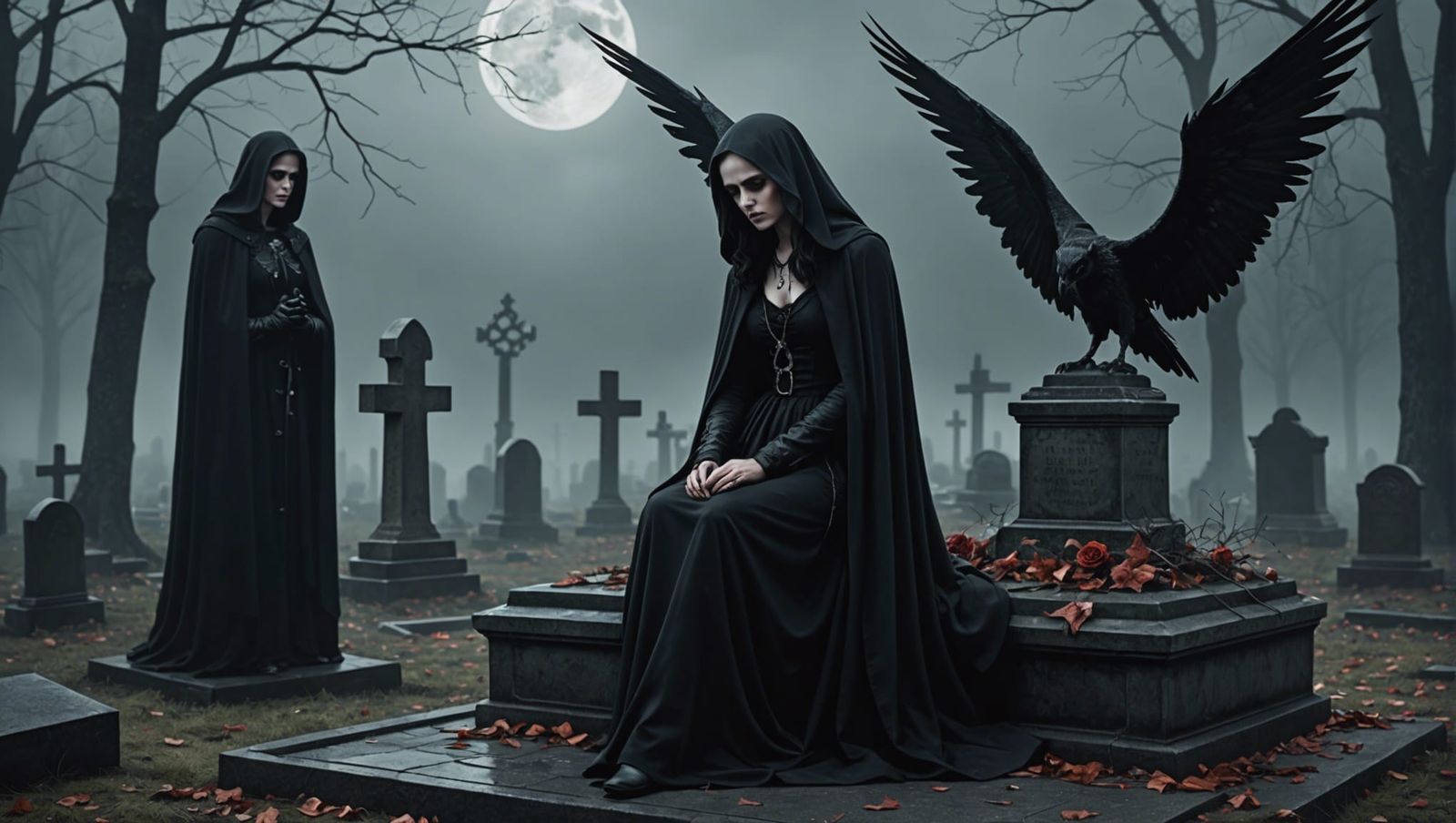 Gothic Woman Mourning Under Lucifer's Watchful Gaze